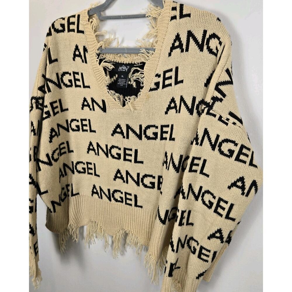 Thrashed Distressed Look Just Polly Sweater ANGEL Tan Black XL Grunge Punk Vneck